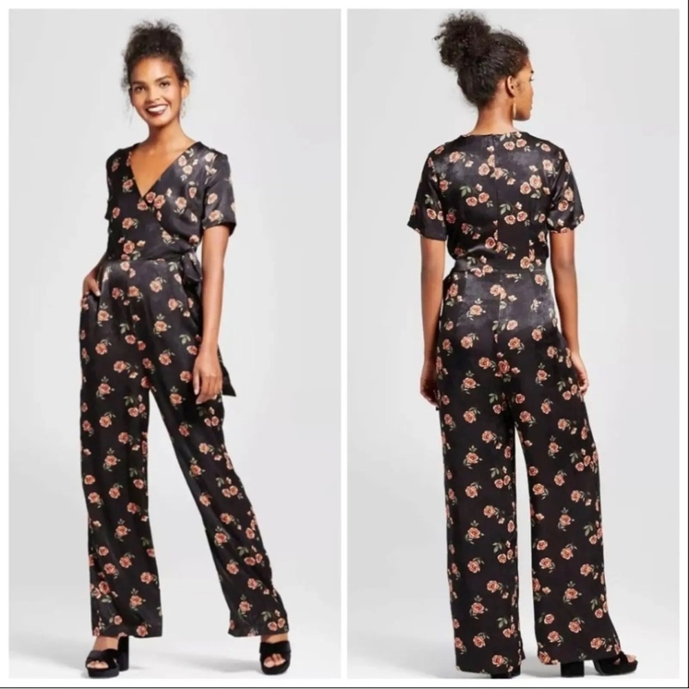Xhilaration Black Floral Satin Jumpsuit